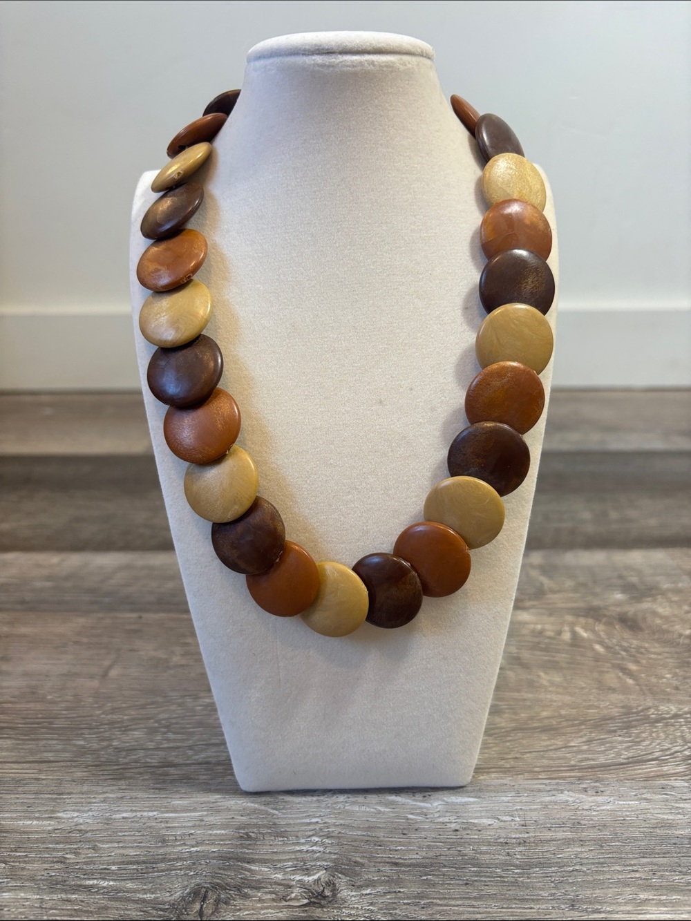 Vintage Wooden Disc Statement Necklace in Brown, Tan & Cream